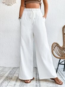 SHEIN VCAY High Waist Wide Leg Trousers - White - View 5