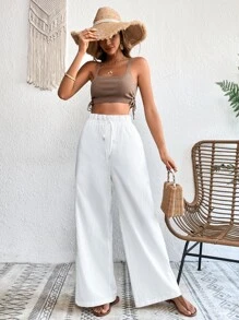 SHEIN VCAY High Waist Wide Leg Trousers - White - View 6