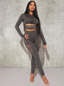 SHEIN SXY Solid Crop Tee & Ladder Cut Out Leggings - Dark Grey - View 1