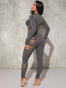 SHEIN SXY Solid Crop Tee & Ladder Cut Out Leggings - Dark Grey - View 2