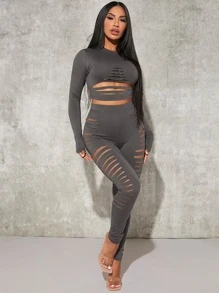 SHEIN SXY Solid Crop Tee & Ladder Cut Out Leggings - Dark Grey - View 3