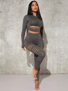 SHEIN SXY Solid Crop Tee & Ladder Cut Out Leggings - Dark Grey - View 4
