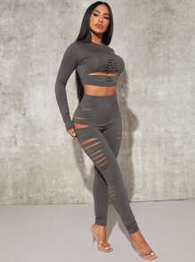 SHEIN SXY Solid Crop Tee & Ladder Cut Out Leggings - Dark Grey - View 5