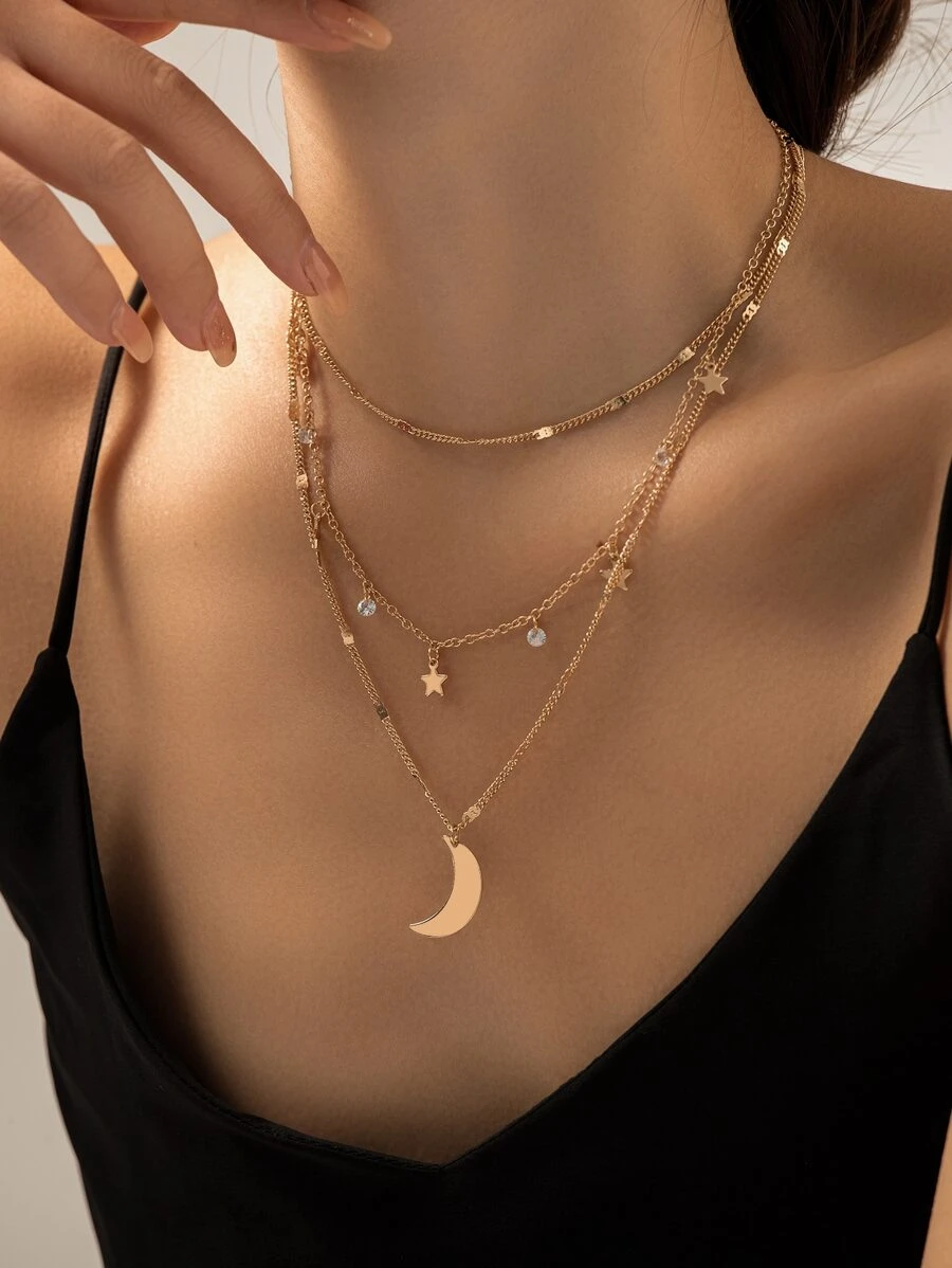 Nooxian Conjunto de 3 collares colgante de estrella y luna con piedra de circonia para mujeres (número aleatorio de colgantes)
