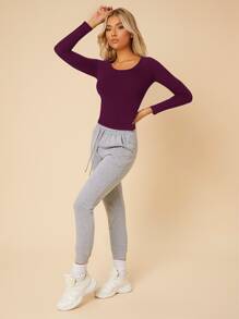 SHEIN PETITE Áo thun nữ màu trơn Giải trí - Màu tím - Xem 3