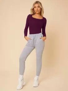 SHEIN PETITE Áo thun nữ màu trơn Giải trí - Màu tím - Xem 4