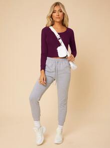 SHEIN PETITE Áo thun nữ màu trơn Giải trí - Màu tím - Xem 6