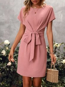 SHEIN VCAY Swiss Dot Batwing Sleeve Knot Front Dress - Pink - View 3