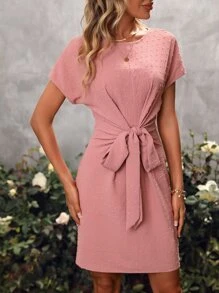 SHEIN VCAY Swiss Dot Batwing Sleeve Knot Front Dress - Pink - View 5