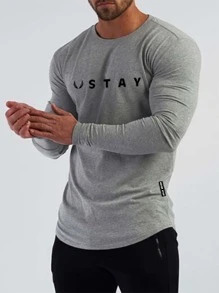 Manfinity Sport Corelite Men Letter Graphic Curved Hem Sports Tee Long Sleeve Shirt - Grey - View 1