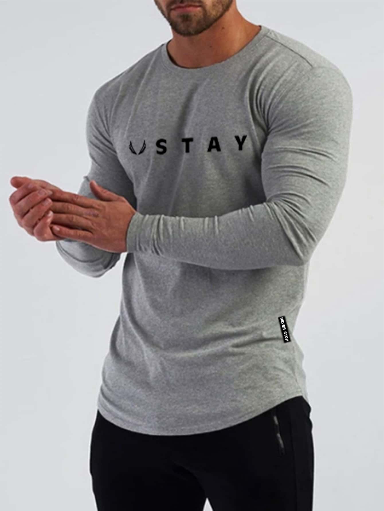Manfinity Sport Corelite Men Letter Graphic Curved Hem Sports Tee Long Sleeve Shirt - Grey - View 1