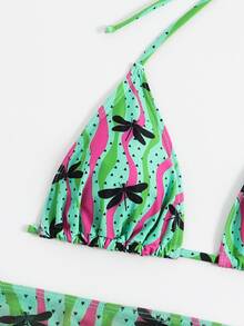 Allover Print Halter Triangle Summer Beach Bikini Set With Beach Skirt - Multicolor - View 4