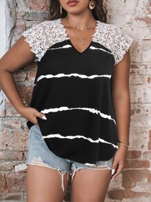 SHEIN LUNE Camiseta con encaje en contraste de tie dye - Negro - Ver 1