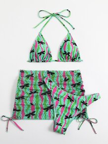 Allover Print Halter Triangle Summer Beach Bikini Set With Beach Skirt - Multicolor - View 1