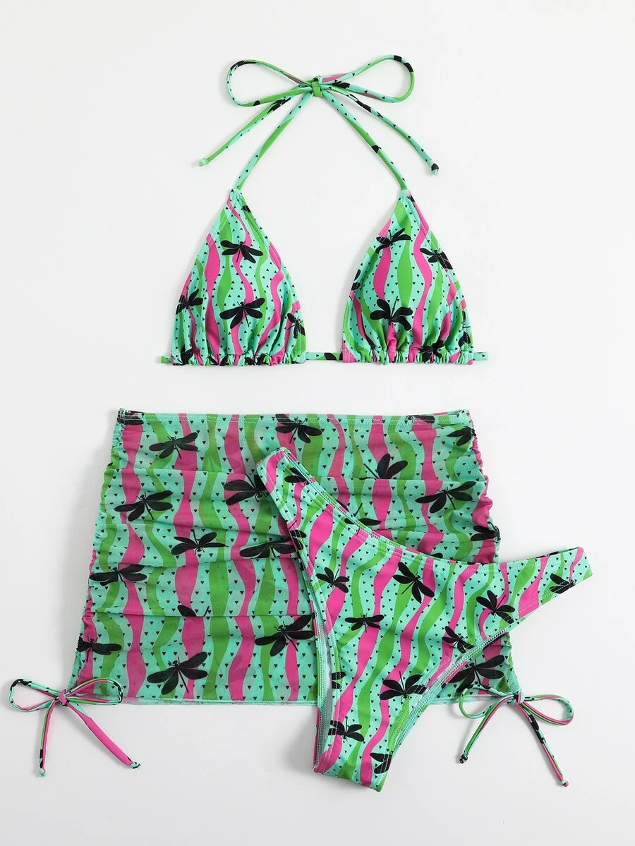 Allover Print Halter Triangle Summer Beach Bikini Set With Beach Skirt - Multicolor - View 1