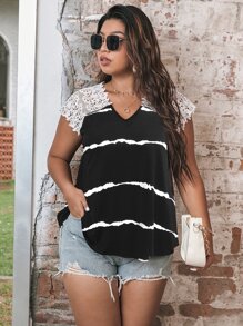 SHEIN LUNE Camiseta con encaje en contraste de tie dye - Negro - Ver 5