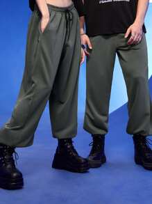 Manfinity 1 pieza Pantalones deportivos de cintura con cordón con bolsillo oblicuo - Gris Oscuro - Ver 1