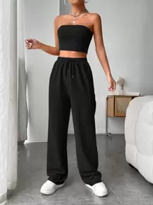 SHEIN EZwear Solid Crop Tube Top & Flap Pocket Side Drawstring Waist Sweatpants - Black - View 1