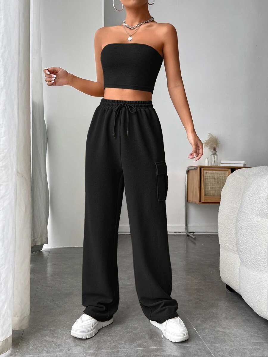 SHEIN EZwear Solid Crop Tube Top & Flap Pocket Side Drawstring Waist Sweatpants - Black - View 1