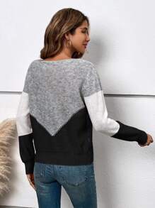 SHEIN LUNE Color Block Boat Neck Sweater,Long Sleeve Tops