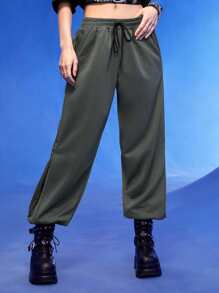 Manfinity 1 pieza Pantalones deportivos de cintura con cordón con bolsillo oblicuo - Gris Oscuro - Ver 4