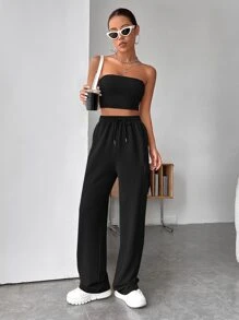 SHEIN EZwear Solid Crop Tube Top & Flap Pocket Side Drawstring Waist Sweatpants - Black - View 3