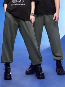 Manfinity 1 pieza Pantalones deportivos de cintura con cordón con bolsillo oblicuo - Gris Oscuro - Ver 6