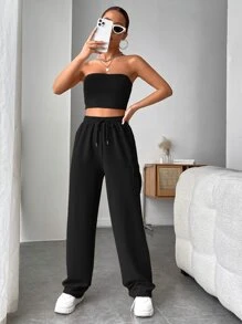 SHEIN EZwear Solid Crop Tube Top & Flap Pocket Side Drawstring Waist Sweatpants - Black - View 5