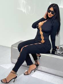 O-Ring Detail Cutout Jumpsuit - Black - View 6