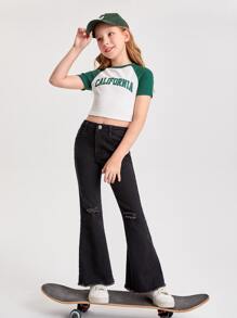 Chicas Jeans de pierna amplia desgarro bajo crudo - Negro - Ver 1