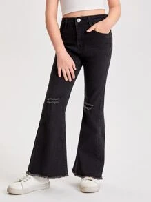 Chicas Jeans de pierna amplia desgarro bajo crudo - Negro - Ver 3
