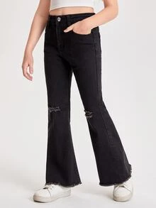 Chicas Jeans de pierna amplia desgarro bajo crudo - Negro - Ver 4