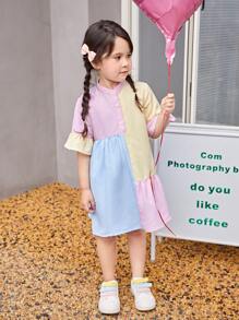 SHEIN Toddler Girls Striped Colourblock Flounce Sleeve Ruffle Hem Smock Dress - Yellow - View 1