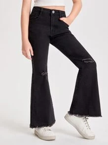 Chicas Jeans de pierna amplia desgarro bajo crudo - Negro - Ver 5