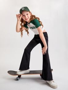 Chicas Jeans de pierna amplia desgarro bajo crudo - Negro - Ver 6