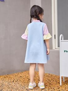 SHEIN Toddler Girls Striped Colourblock Flounce Sleeve Ruffle Hem Smock Dress - Yellow - View 2