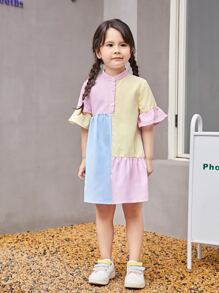 SHEIN Toddler Girls Striped Colourblock Flounce Sleeve Ruffle Hem Smock Dress - Yellow - View 3