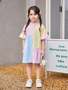 SHEIN Toddler Girls Striped Colourblock Flounce Sleeve Ruffle Hem Smock Dress - Yellow - View 4