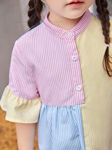 SHEIN Toddler Girls Striped Colourblock Flounce Sleeve Ruffle Hem Smock Dress - Yellow - View 5