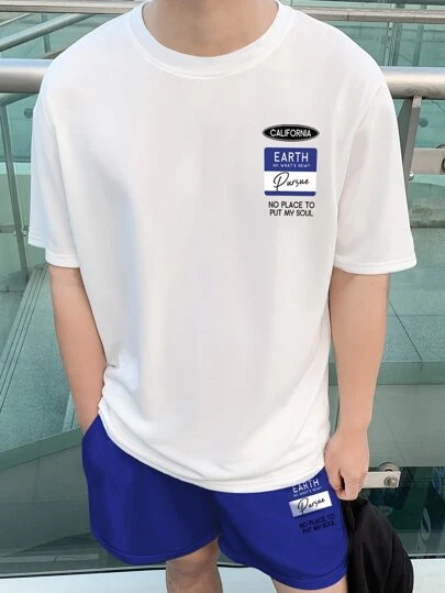 Manfinity Roghcode Men Slogan Graphic Tee & Drawstring Waist Shorts