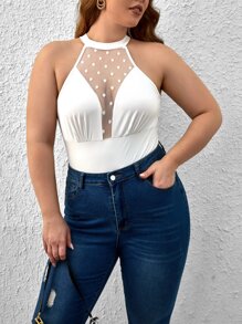 SHEIN SXY Plus Dobby Mesh Halter Bodysuit - White - View 5