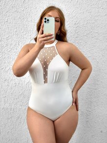SHEIN SXY Plus Dobby Mesh Halter Bodysuit - White - View 1