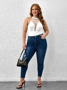 SHEIN SXY Plus Dobby Mesh Halter Bodysuit - White - View 6