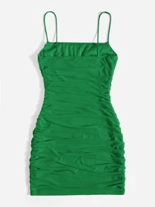 SHEIN EZwear Ruched Mesh Cami Dress - Green - View 2