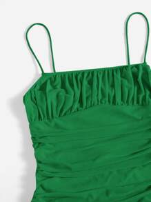 SHEIN EZwear Ruched Mesh Cami Dress - Green - View 4