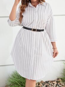 SHEIN LUNE Vestido camisero de rayas verticales sin cinturón - Blanco - Ver 4