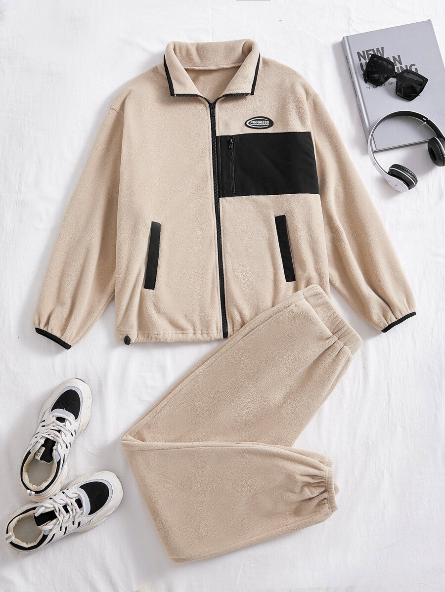 SHEIN EZwear Patched Detail Drop Shoulder Contrast Panel Jacket & Joggers - Apricot - View 1