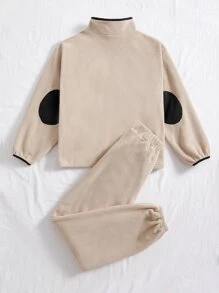SHEIN EZwear Patched Detail Drop Shoulder Contrast Panel Jacket & Joggers - Apricot - View 2