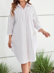 SHEIN LUNE Vestido camisero de rayas verticales sin cinturón - Blanco - Ver 7