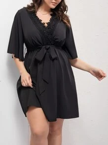 SHEIN LUNE Plus Guipure Lace Panel Solid Belted Dress - Black - View 1